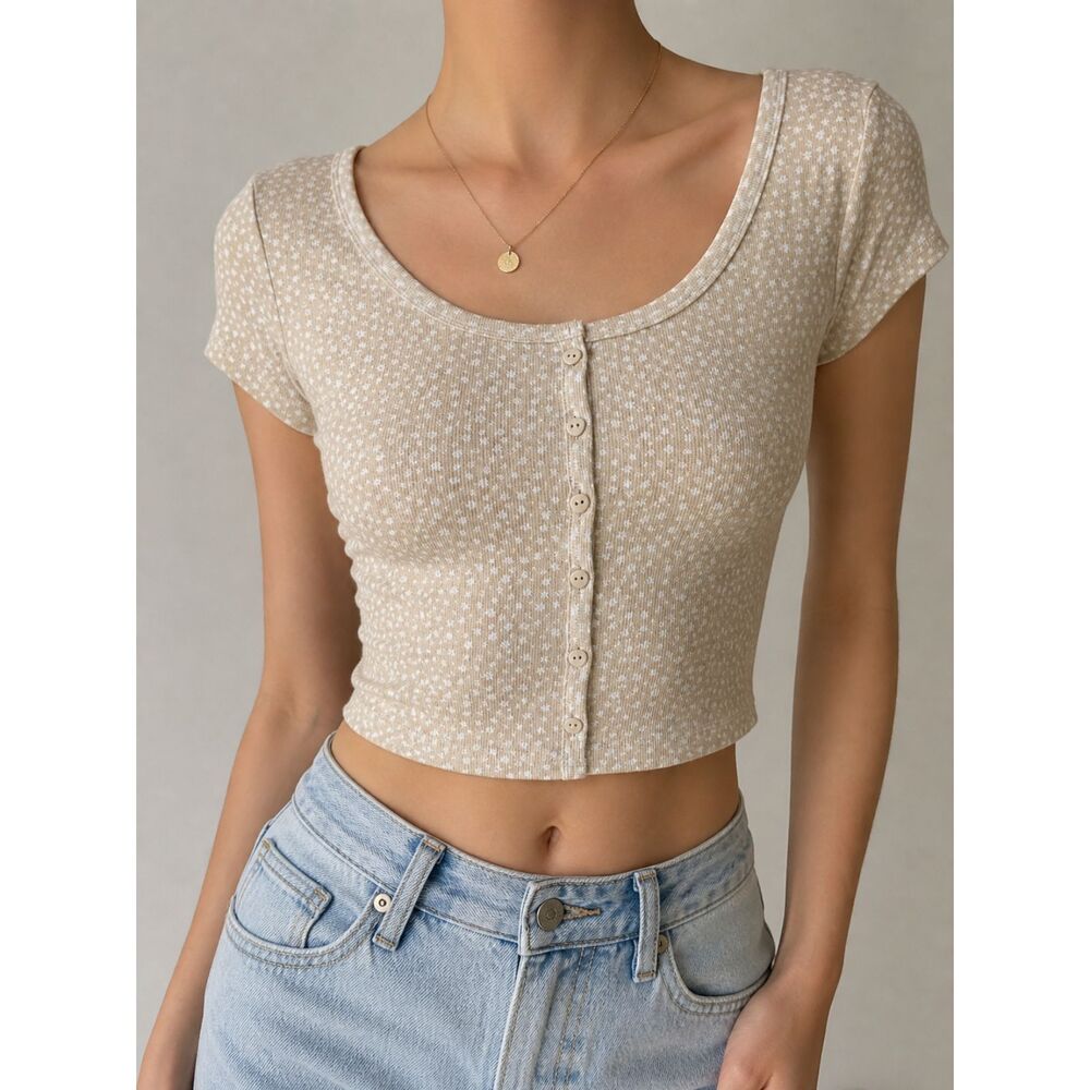 Hesperus Floral Button Front Crop Top Beige Cottagecore Baby Tee L